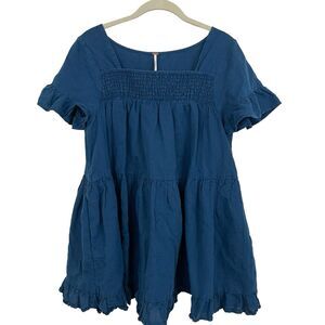 Free People Babydoll Tunic Top Sz Small Teal Blue Short Sleeves Ruffles Smocked